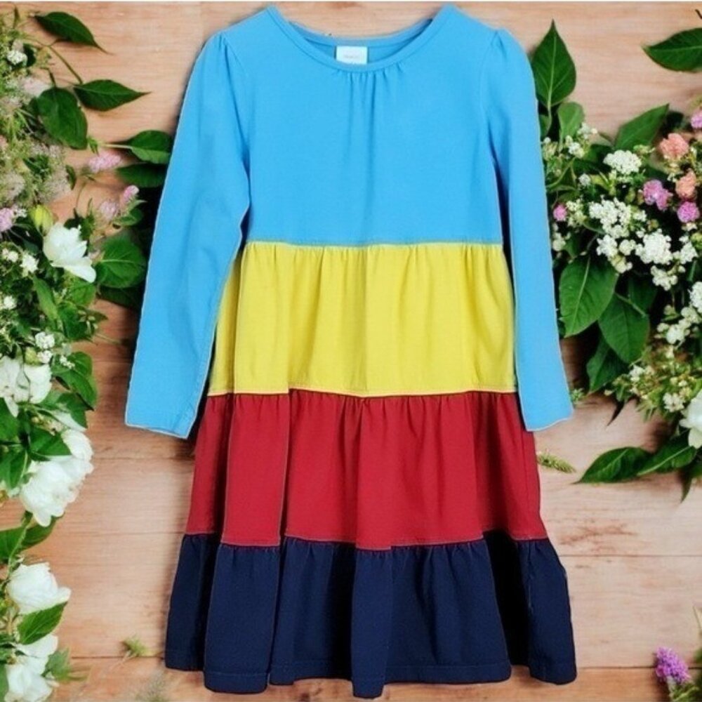 NEW Hanna Andersson Blue Yellow Red Twirly Colorblock Dress Girl’s Size‎ 6-7